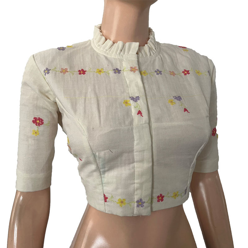 Embroidered Soft Cotton Frill collar Blouse with Lining,  Off White, BW1159