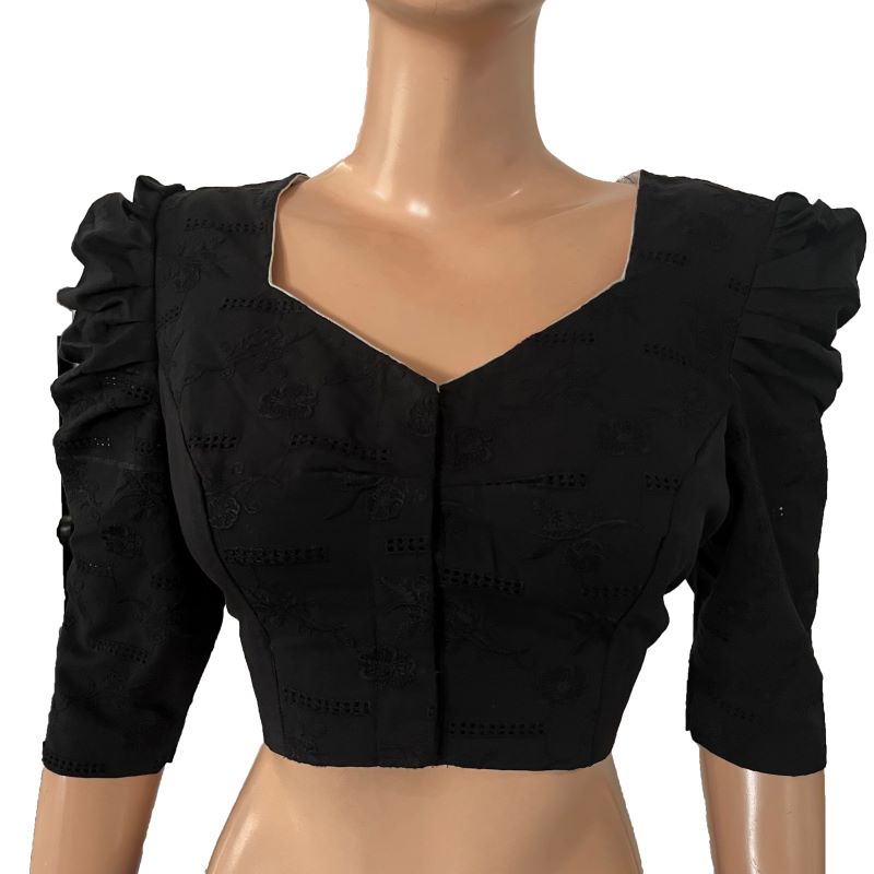 Hakoba Cotton Sweetheart neck Blouse with Gathered Puff Sleeves & Lining,  Black, BW1162