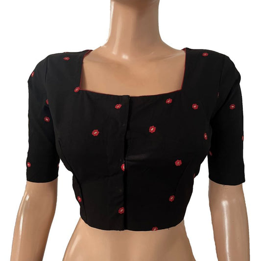 Embroided Cotton Square neck Blouse with Lining,  Black, BW1163