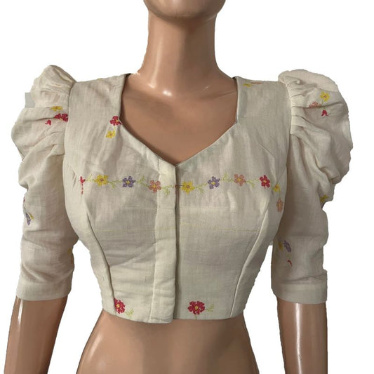 Embroided Soft Cotton Sweetheart neck Blouse with Gathered Puff sleeves & Lining, Olf White, BW1164