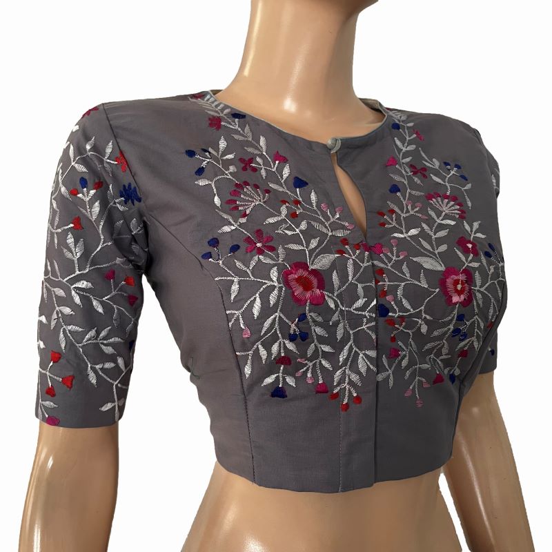 Embroidered Silk Cotton Close neck Blouse with Keyhole Front & Lining, Grey , BW1166