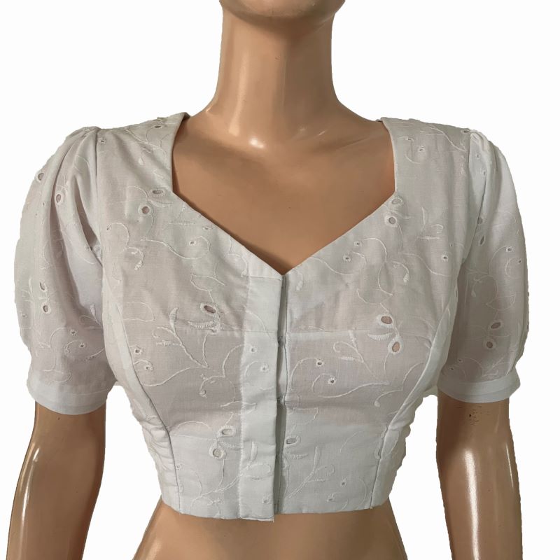 Hakoba Cotton Sweetheart  Neck Blouse with Deep Cut in Back and Puff Sleeves with Lining, White, BW1168