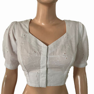 Hakoba Cotton Sweetheart  Neck Blouse with Deep Cut in Back and Puff Sleeves with Lining, White, BW1168