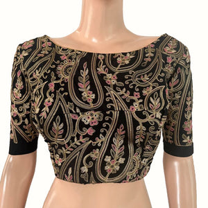 Heavy Embroidered Cotton Boat Neck Blouse with V neck in the Back, Black, BW1170