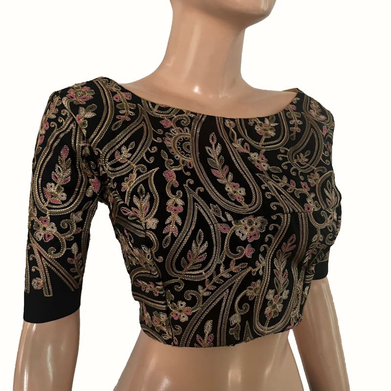 Heavy Embroidered Cotton Boat Neck Blouse with V neck in the Back, Black, BW1170