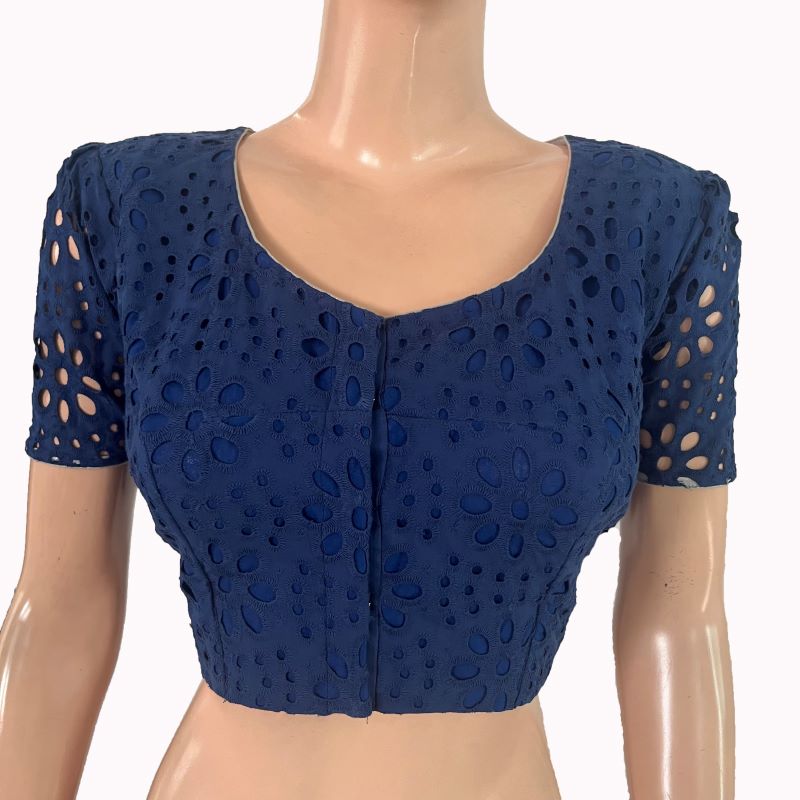 Hakoba Cut work Cotton Round Neck Blouse with Lining and Puff Sleeves , Deep blue , BW1171