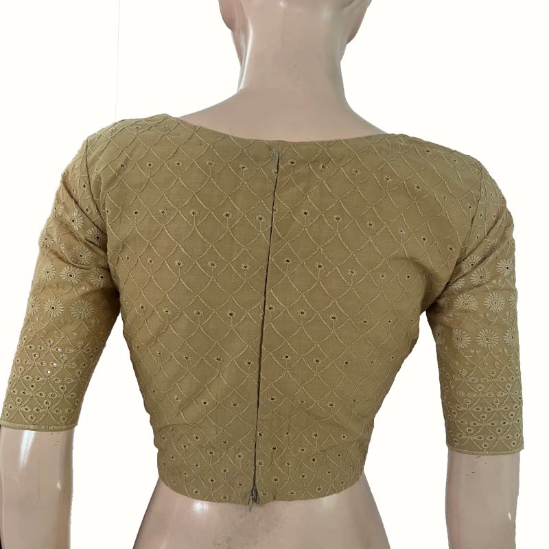 Hakoba Cut work Cotton Sweetheart Neck Blouse with Lining and Back Zip Opening , Beige , BW1172