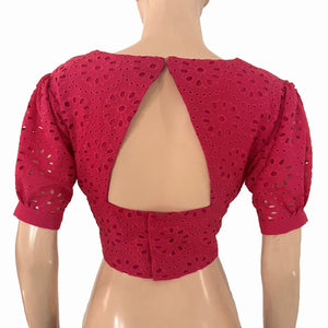 Hakoba Cutwork Cotton Back Open Blouse with Triangle Cut in Back, Puff Sleeves  and Lining, Hot Pink , BW1175