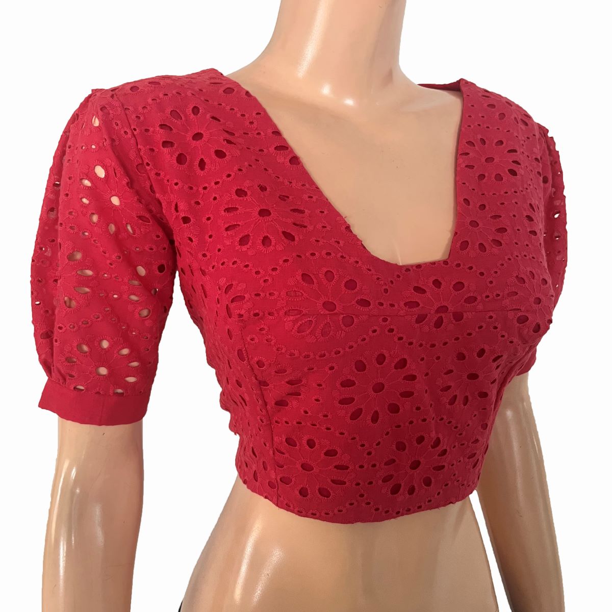 Hakoba Cutwork Cotton Back Open Blouse with Triangle Cut in Back, Puff Sleeves  and Lining, Hot Pink , BW1175