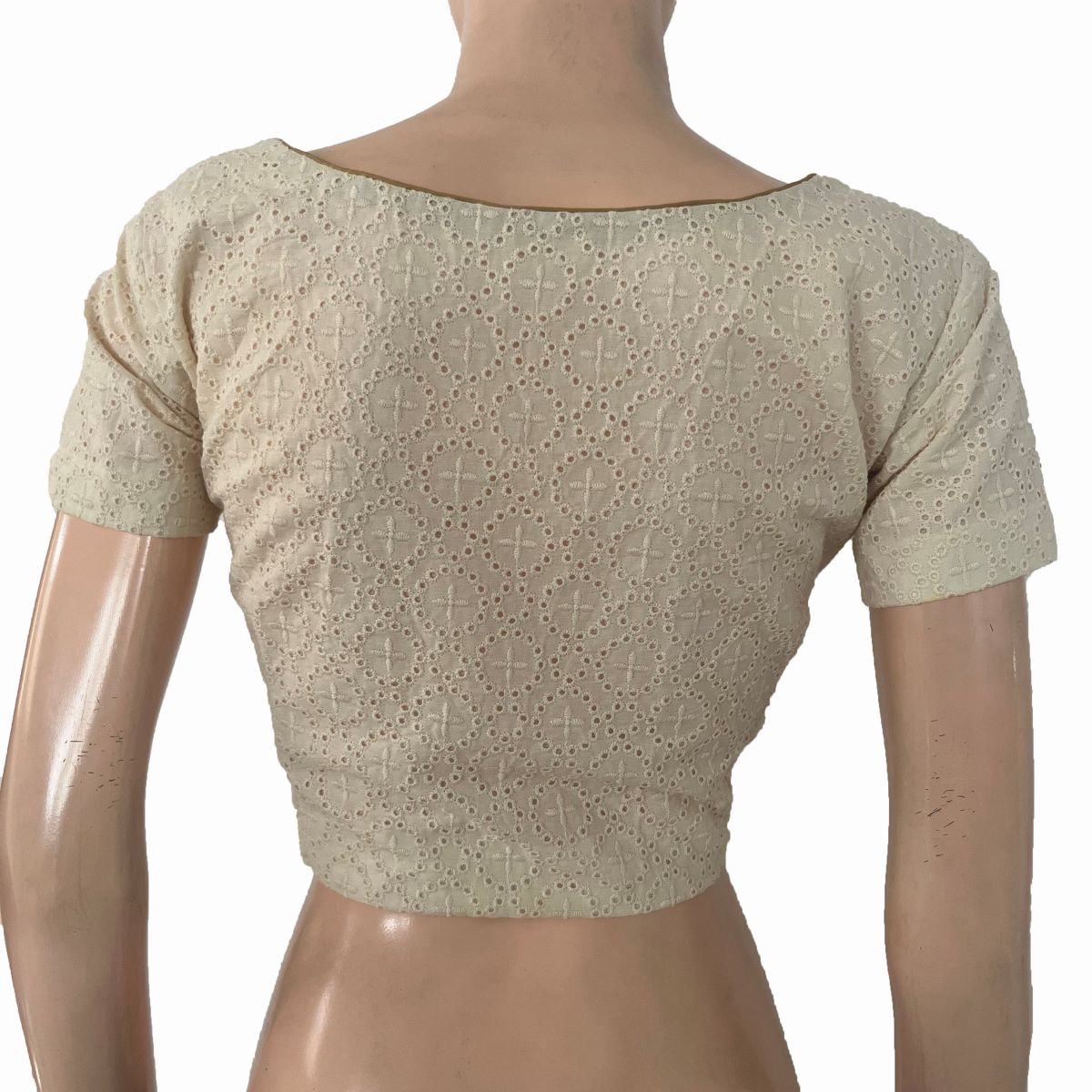 Hakoba Cutwork Cotton V Neck Blouse with Short Sleeves and  Lining, Off White , BW1176
