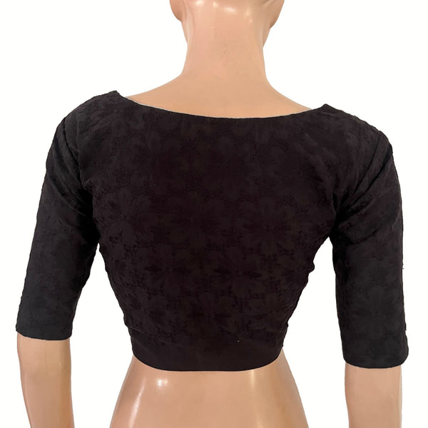 Hakoba Cutwork Cotton V Neck Blouse with Lining , Black , BW1177