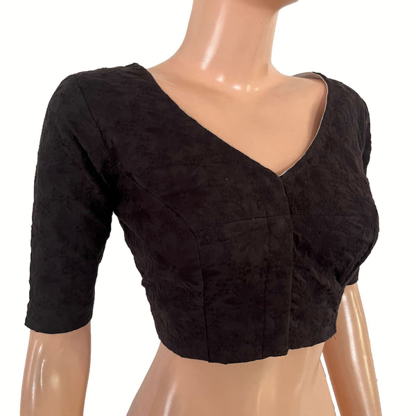 Hakoba Cutwork Cotton V Neck Blouse with Lining , Black , BW1177