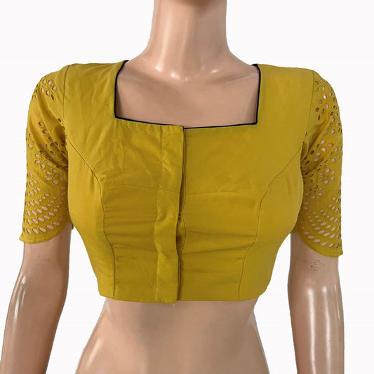 Hakoba Cutwork Cotton Square Neck Blouse with Lining , Mustard , BW1178