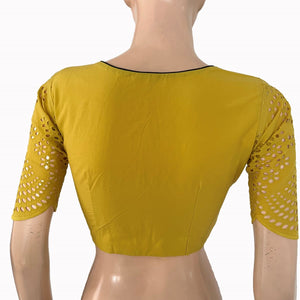Hakoba Cutwork Cotton Square Neck Blouse with Lining , Mustard , BW1178