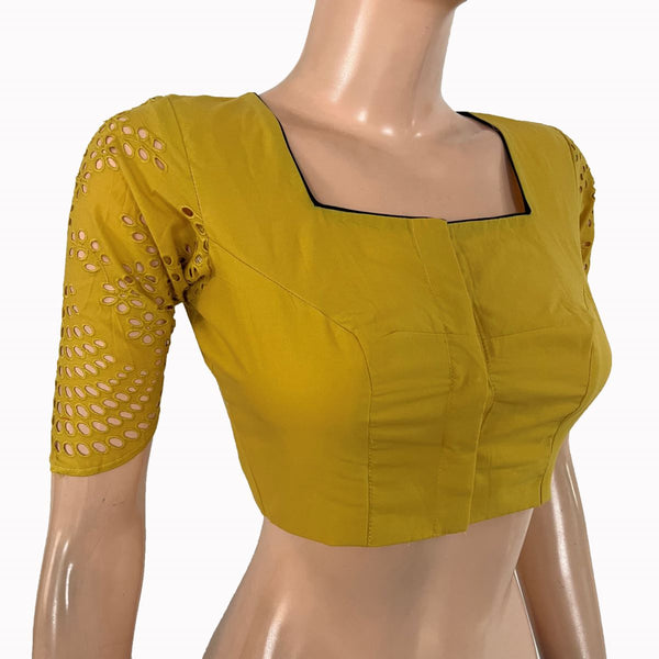 Hakoba Cutwork Cotton Square Neck Blouse with Lining , Mustard , BW1178