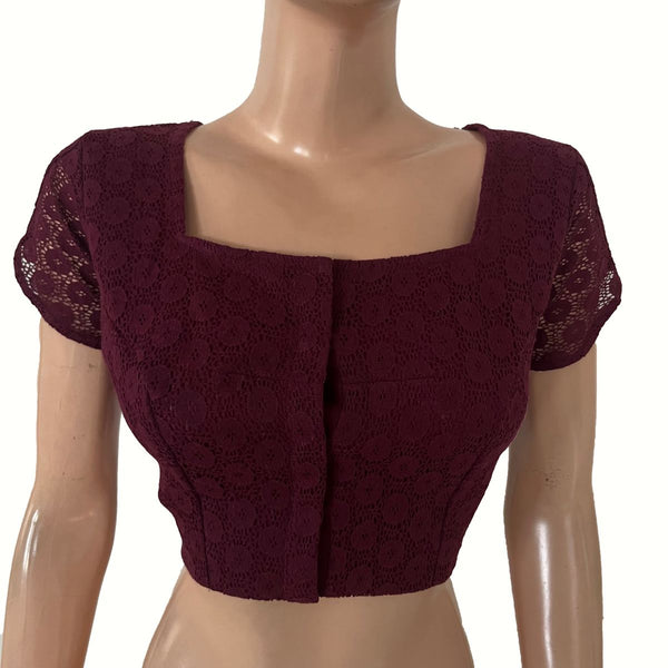 Cotton Net Square Neck Blouse with Tulip Sleeves, Metal Embellishments & Lining , Wine , BW1180