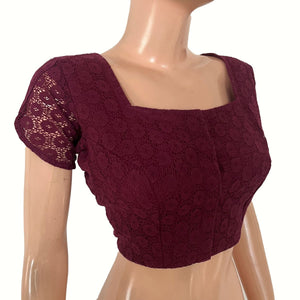Cotton Net Square Neck Blouse with Tulip Sleeves, Metal Embellishments & Lining , Wine , BW1180