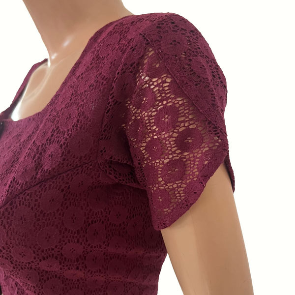 Cotton Net Square Neck Blouse with Tulip Sleeves, Metal Embellishments & Lining , Wine , BW1180