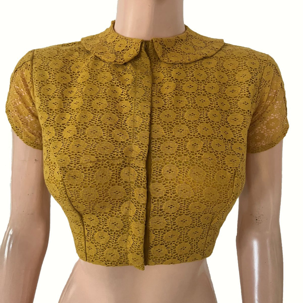 Cotton Net Peter Pan Collar Blouse  with Tulip Sleeves and Lining , Mustard - Yellow, BW1181