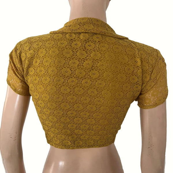 Cotton Net Peter Pan Collar Blouse  with Tulip Sleeves and Lining , Mustard - Yellow, BW1181