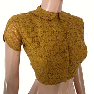 Cotton Net Peter Pan Collar Blouse  with Tulip Sleeves and Lining , Mustard - Yellow, BW1181