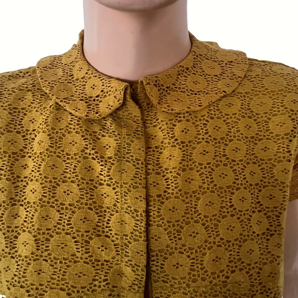 Cotton Net Peter Pan Collar Blouse  with Tulip Sleeves and Lining , Mustard - Yellow, BW1181
