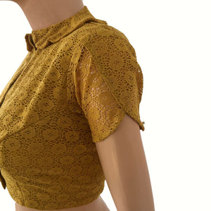 Cotton Net Peter Pan Collar Blouse  with Tulip Sleeves and Lining , Mustard - Yellow, BW1181