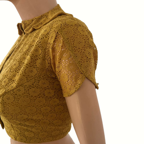 Cotton Net Peter Pan Collar Blouse  with Tulip Sleeves and Lining , Mustard - Yellow, BW1181