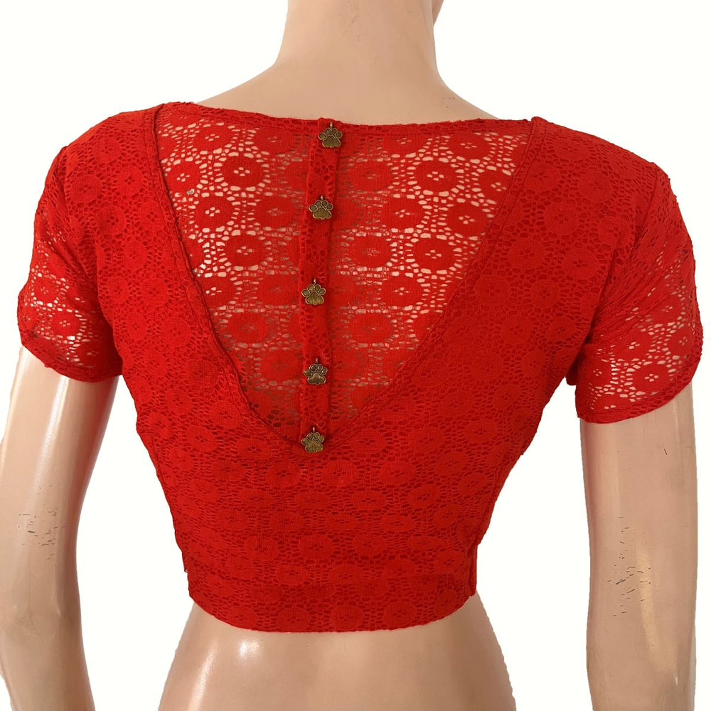 Cotton Net V Neck Blouse  with Tulip Sleeves, Metal Embellishments & Lining , Red , BW1182