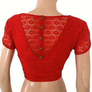 Cotton Net V Neck Blouse  with Tulip Sleeves, Metal Embellishments & Lining , Red , BW1182