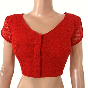 Cotton Net V Neck Blouse  with Tulip Sleeves, Metal Embellishments & Lining , Red , BW1182