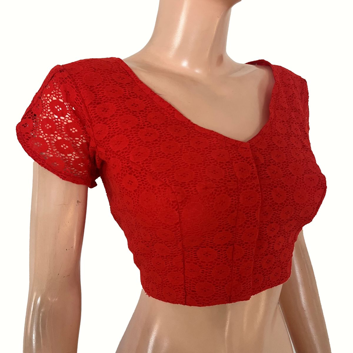 Cotton Net V Neck Blouse  with Tulip Sleeves, Metal Embellishments & Lining , Red , BW1182