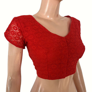 Cotton Net V Neck Blouse  with Tulip Sleeves, Metal Embellishments & Lining , Red , BW1182