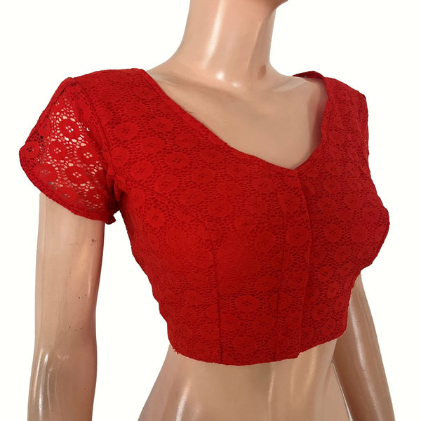 Cotton Net V Neck Blouse  with Tulip Sleeves, Metal Embellishments & Lining , Red , BW1182