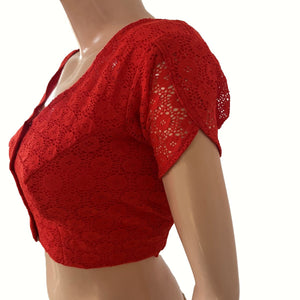 Cotton Net V Neck Blouse  with Tulip Sleeves, Metal Embellishments & Lining , Red , BW1182