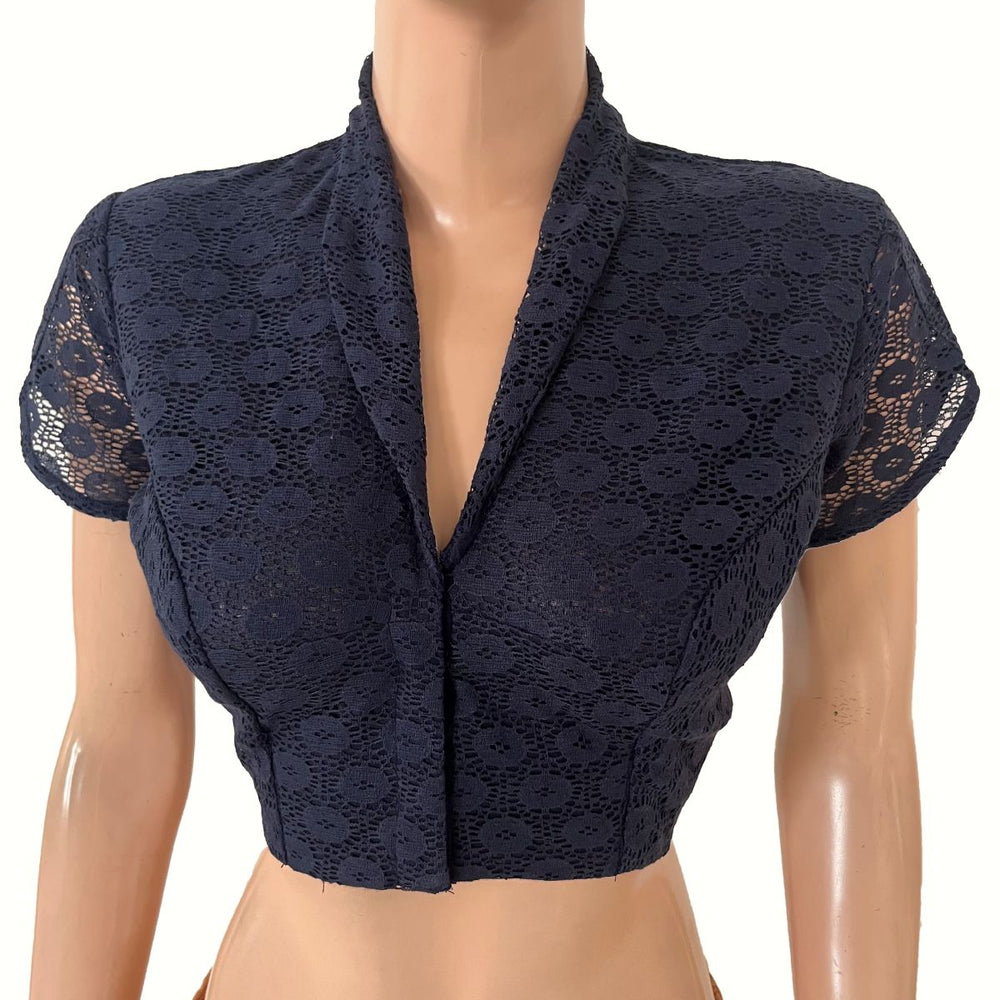 Cotton Net Shawl Collar Blouse with Tulip Sleeves and  Lining , Navy Blue , BW1183