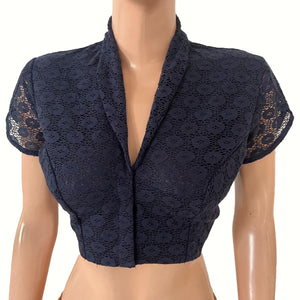 Cotton Net Shawl Collar Blouse with Tulip Sleeves and  Lining , Navy Blue , BW1183