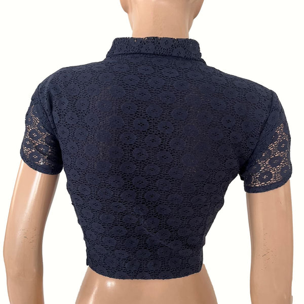 Cotton Net Shawl Collar Blouse with Tulip Sleeves and  Lining , Navy Blue , BW1183