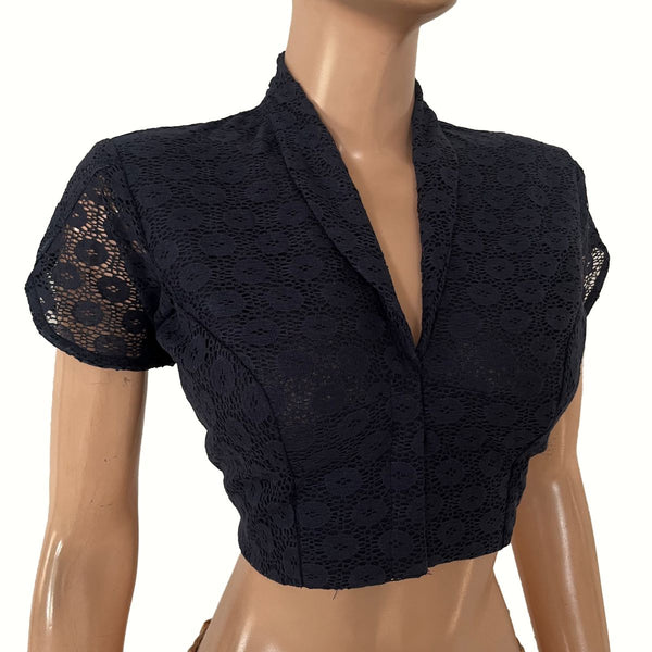 Cotton Net Shawl Collar Blouse with Tulip Sleeves and  Lining , Navy Blue , BW1183