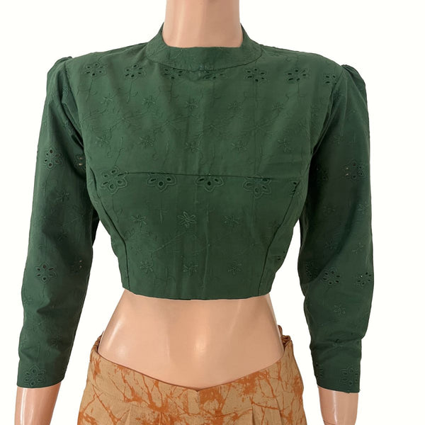 Hakoba Cotton Close Neck Blouse with Puff Full Sleeves, Back Open and  Lining , Bottle Green , BW1184