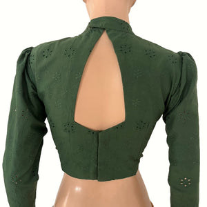Hakoba Cotton Close Neck Blouse with Puff Full Sleeves, Back Open and  Lining , Bottle Green , BW1184