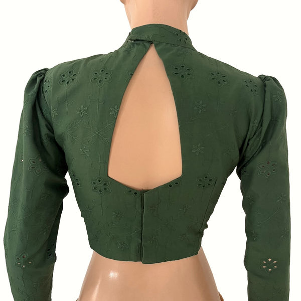 Hakoba Cotton Close Neck Blouse with Puff Full Sleeves, Back Open and  Lining , Bottle Green , BW1184