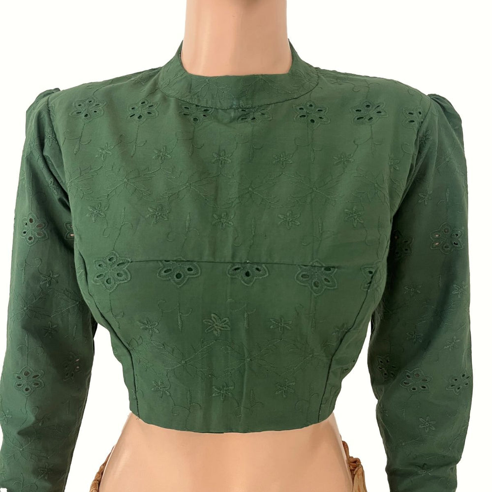 Hakoba Cotton Close Neck Blouse with Puff Full Sleeves, Back Open and  Lining , Bottle Green , BW1184
