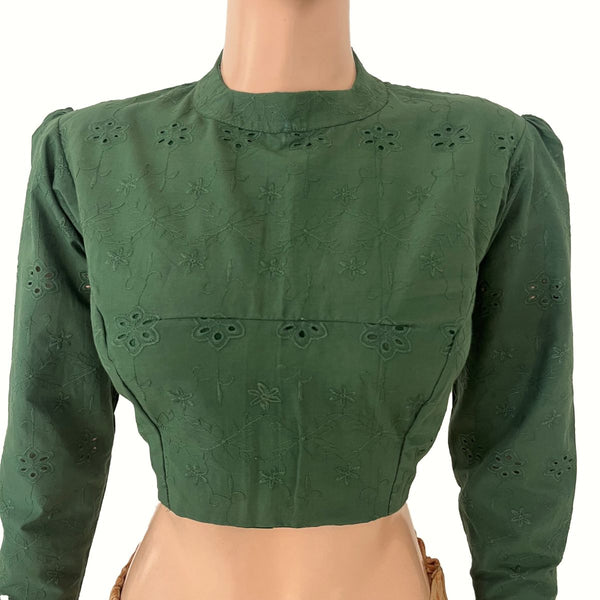 Hakoba Cotton Close Neck Blouse with Puff Full Sleeves, Back Open and  Lining , Bottle Green , BW1184