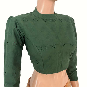 Hakoba Cotton Close Neck Blouse with Puff Full Sleeves, Back Open and  Lining , Bottle Green , BW1184