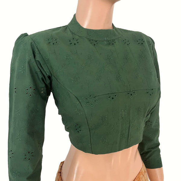 Hakoba Cotton Close Neck Blouse with Puff Full Sleeves, Back Open and  Lining , Bottle Green , BW1184