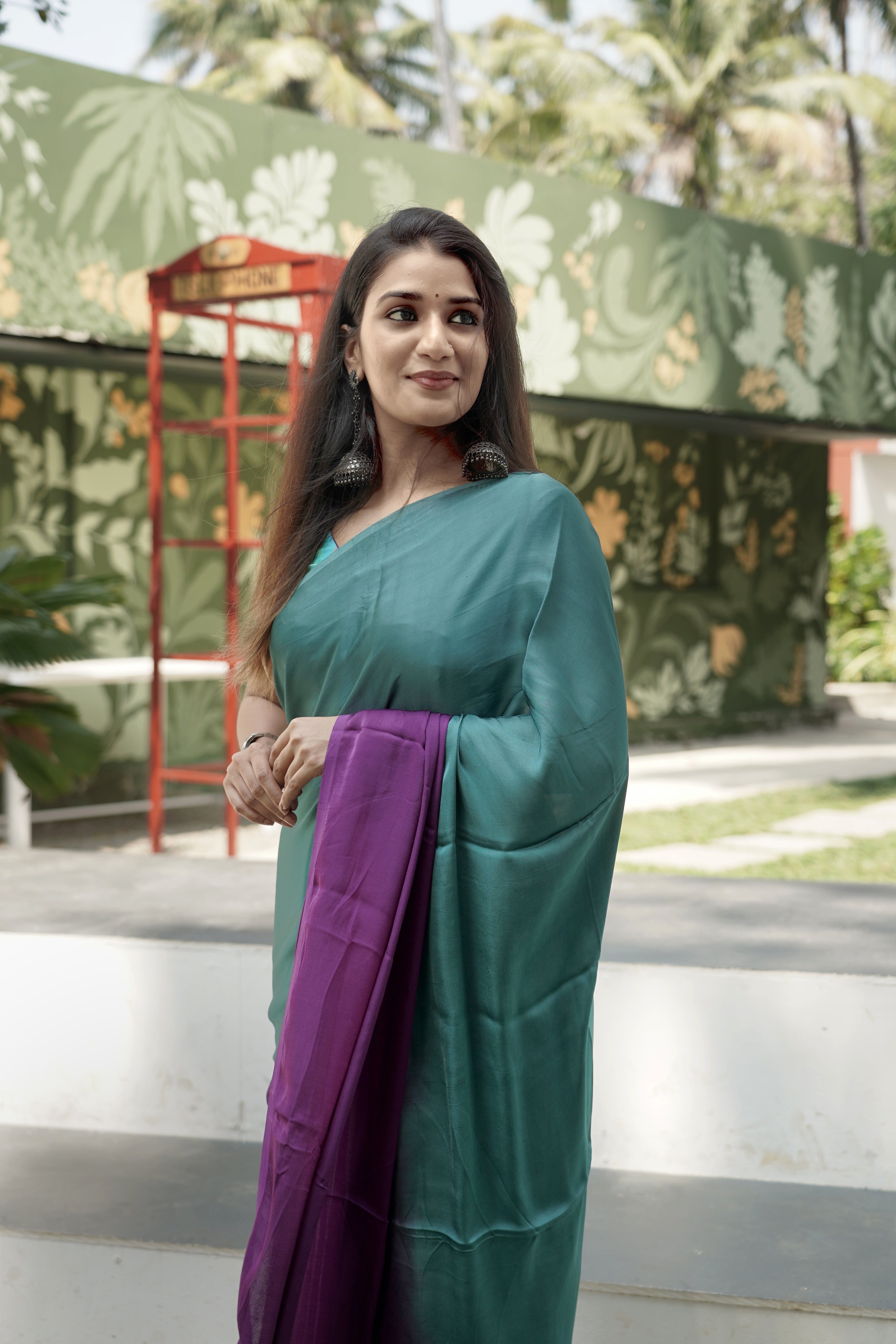 Ombre Modal Silk Saree with Running Blouse Piece ,Teal Green and Royal Purple , SS1034