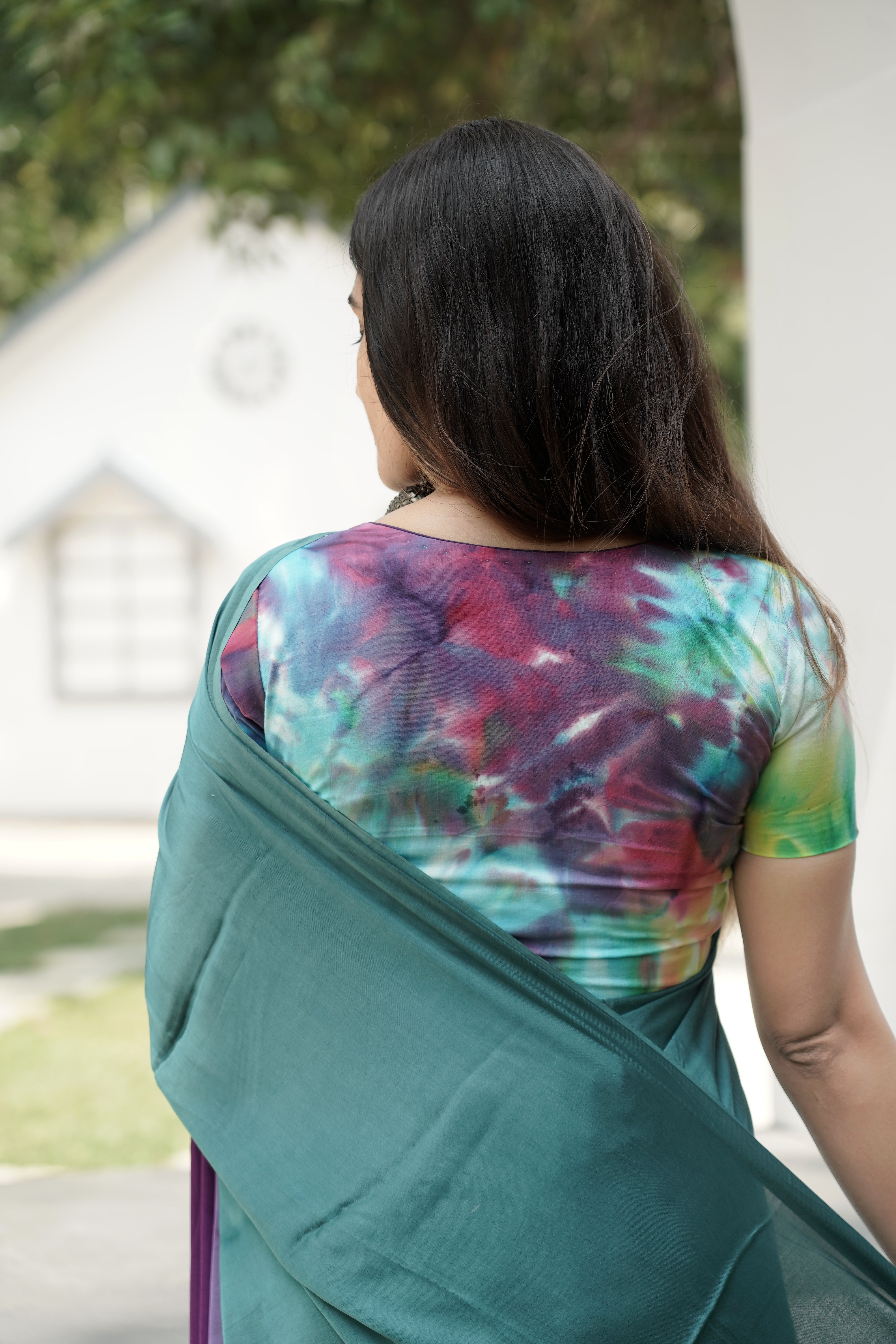 Ombre Modal Silk Saree with Running Blouse Piece ,Teal Green and Royal Purple , SS1034