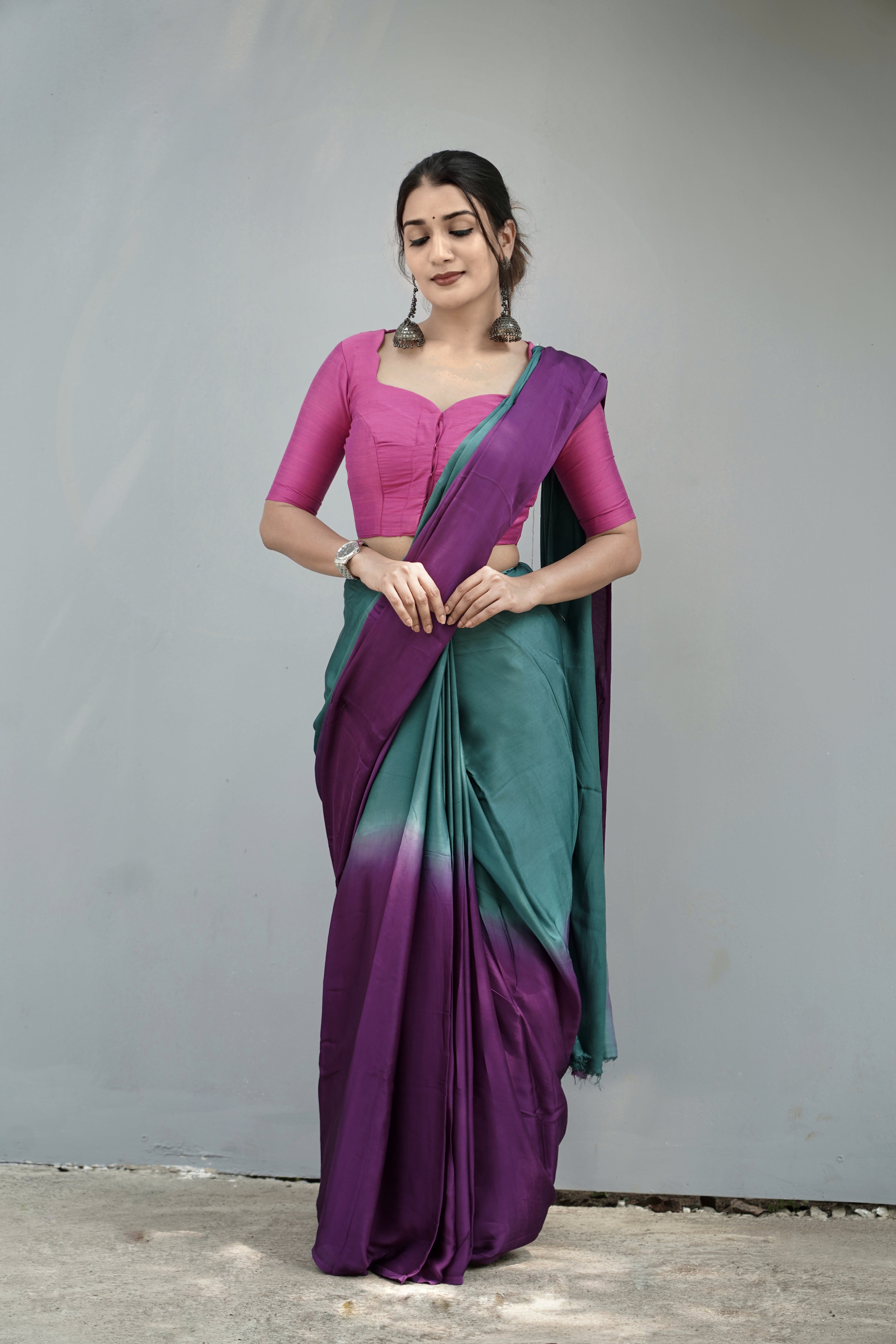 Ombre Modal Silk Saree with Running Blouse Piece ,Teal Green and Royal Purple , SS1034