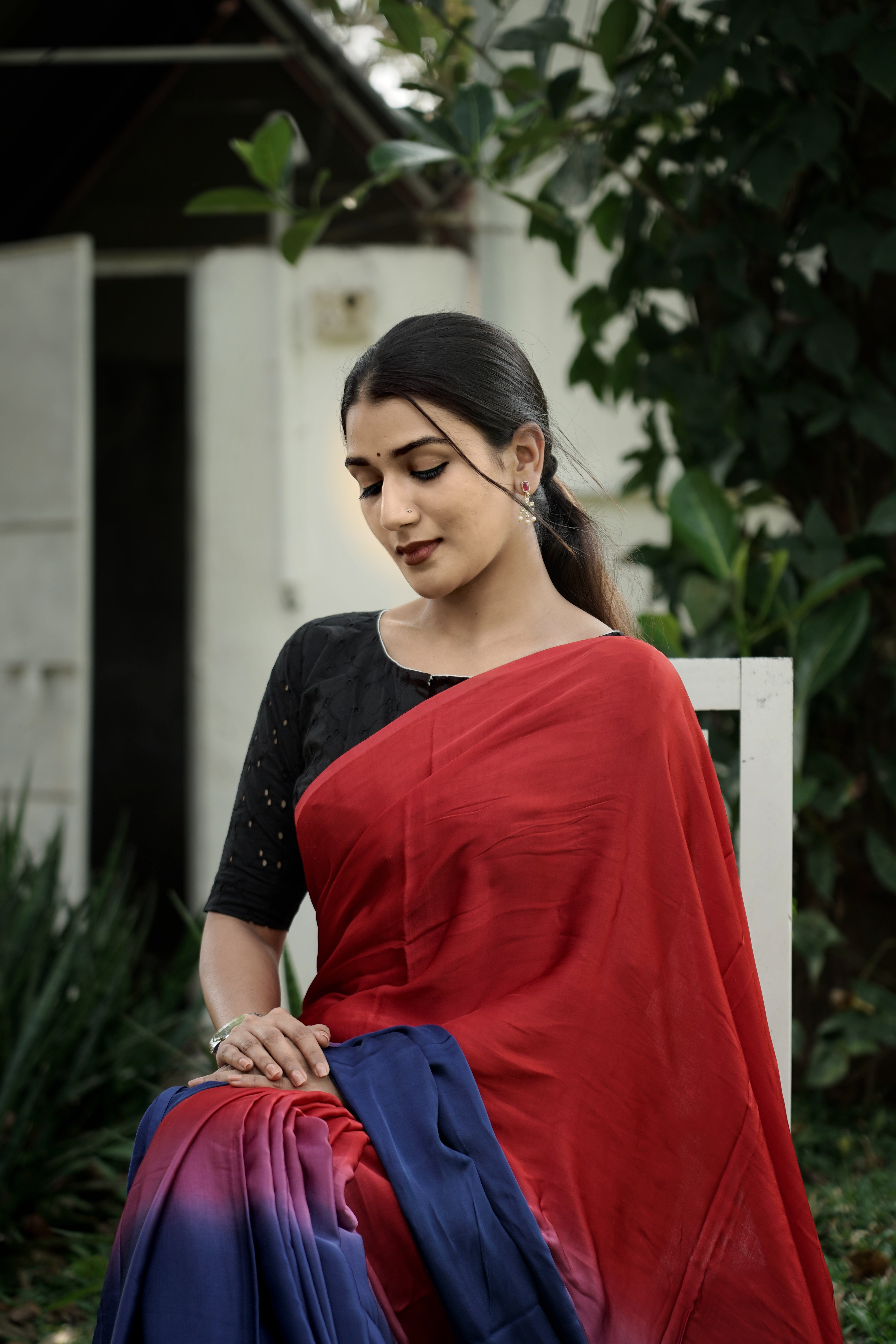 Ombre Modal Silk Saree with Running Blouse Piece ,Scarlet Red and Royal Blue, SS1032